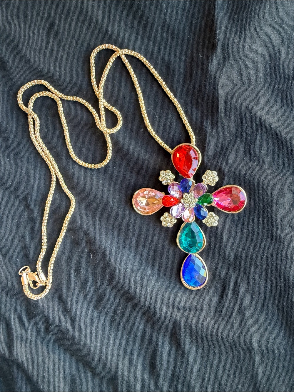 Gold-Tone Multicolor Teardrop Cross Pendant Necklace